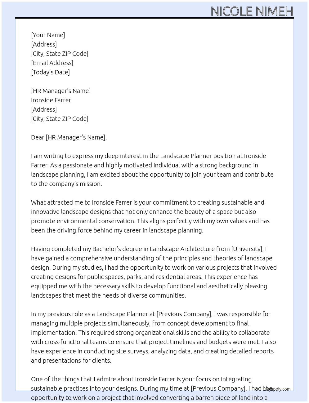 Cover letter for landscape planner - LazyApply