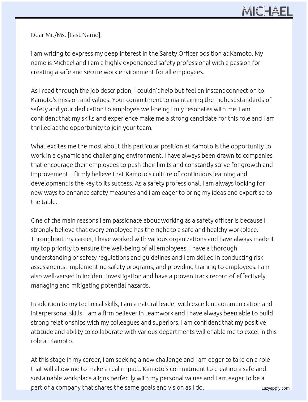 Safety office  At Kamoto  Cover Letter