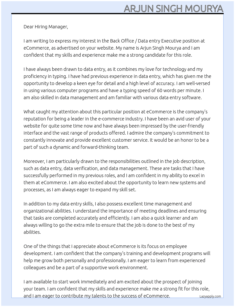 Back Office / Data entry Executive At eCommerce Cover Letter