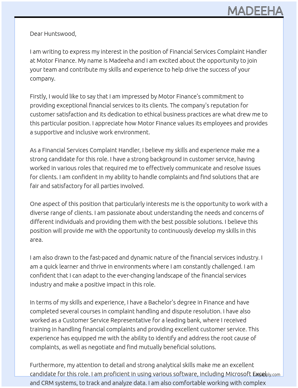 FINANCIAL SERVICES COMPLAINT HANDLER At Motor Finance Cover Letter