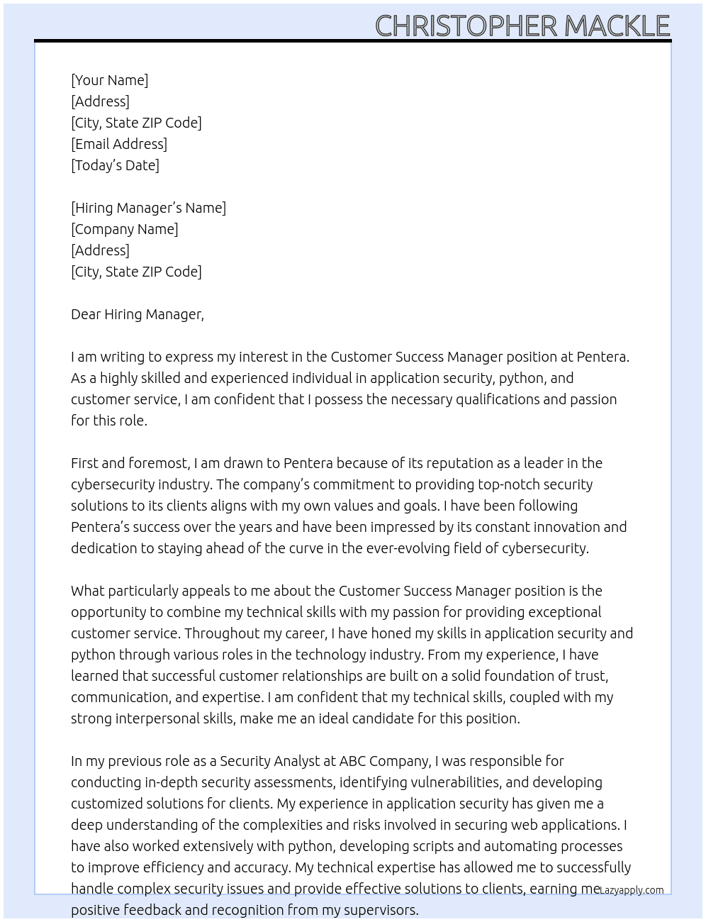 Customer Success Manager At Pentera Cover Letter