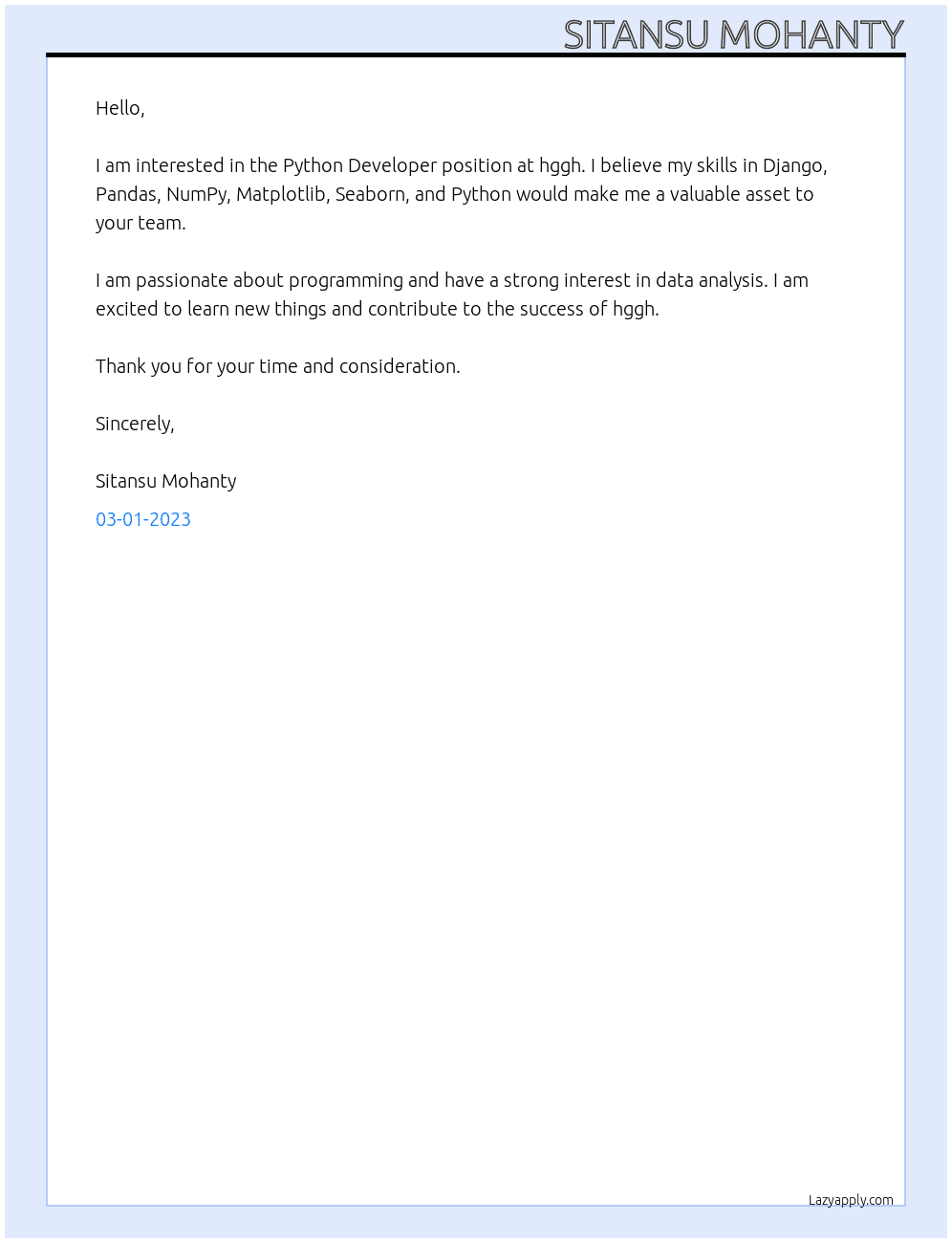 Python Developer  At hggh Cover Letter