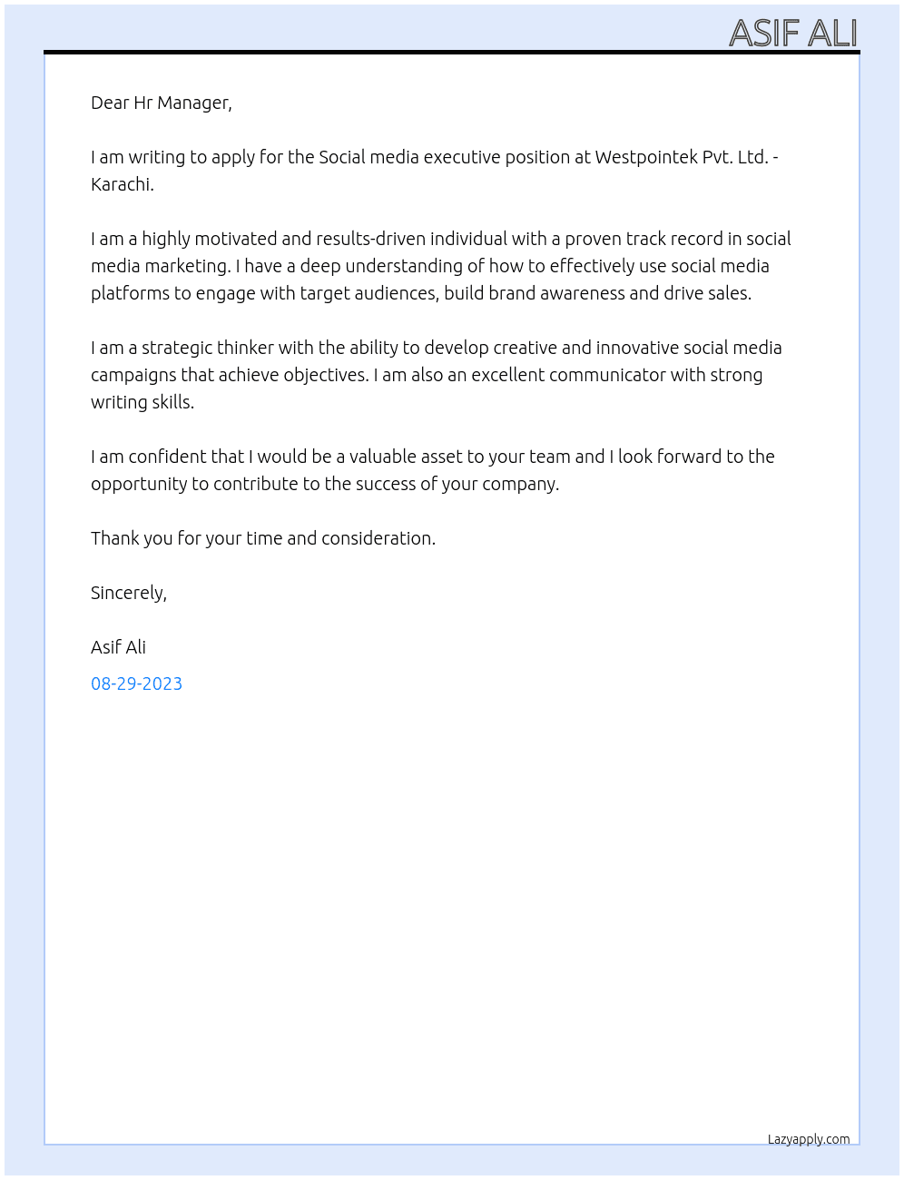 Social media executive At Westpointek Pvt. Ltd. - Karachi Cover Letter