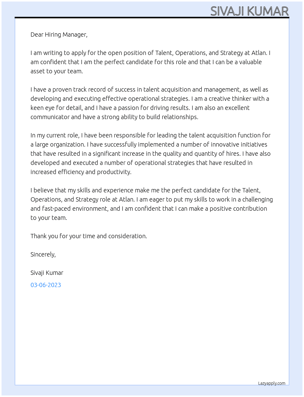 TALENT, OPERATIONS, AND STRATEGY At atlan Cover Letter