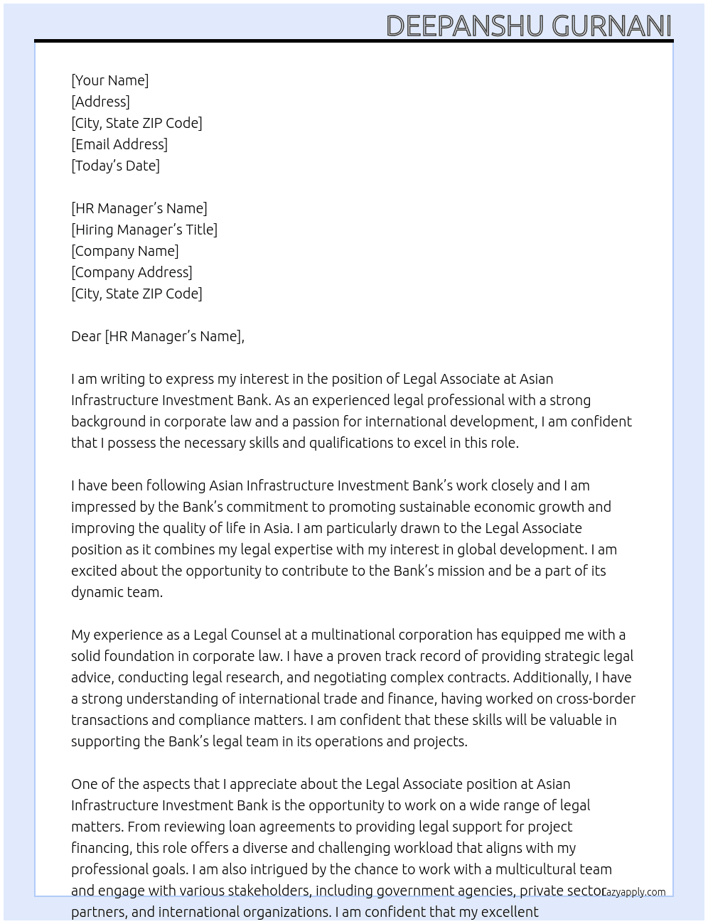 Legal Associate At Asian Infrastructure Investment Bank Cover Letter