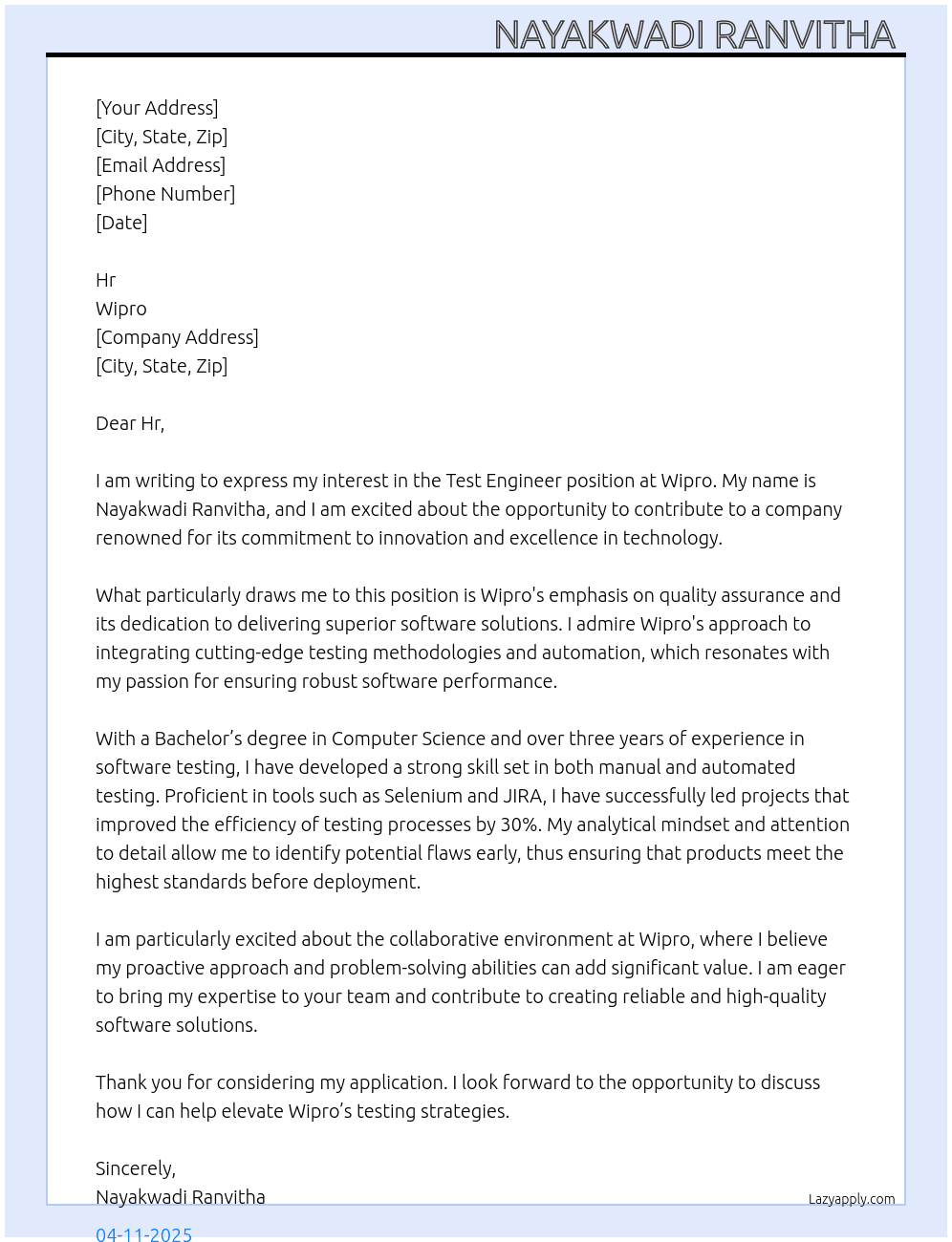 Test Engineer At Wipro Cover Letter