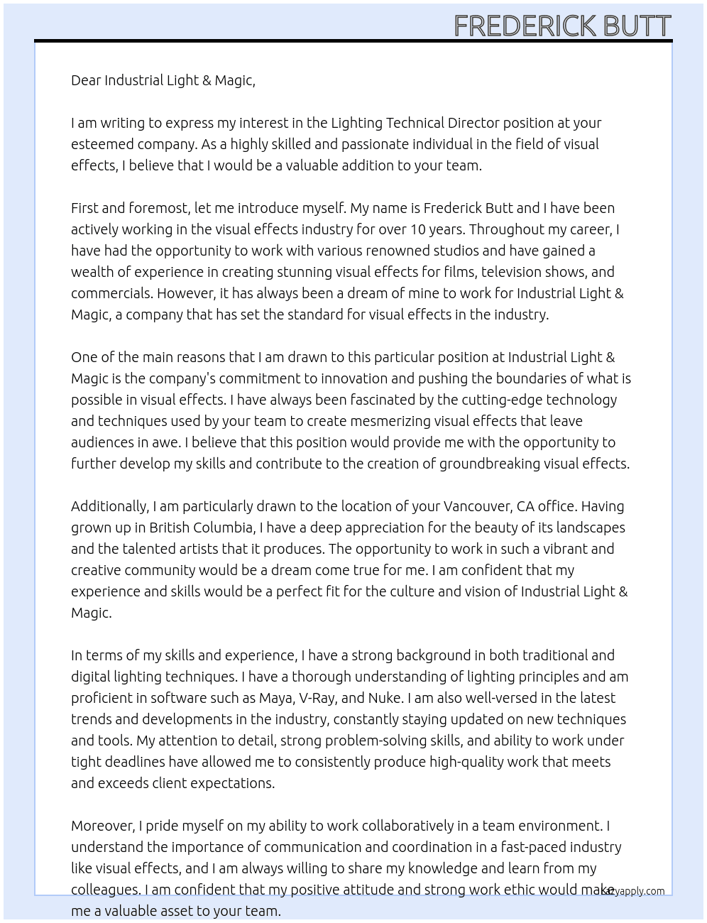 Lighting Technical Director At Industrial Light & Magic Cover Letter