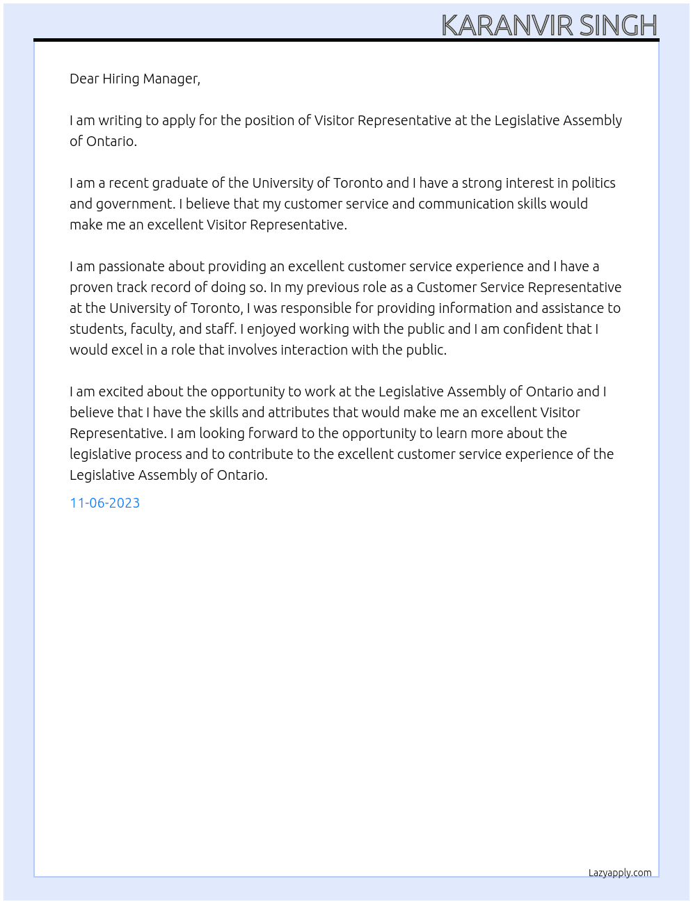 Visitor Representative At Legislative Assembly of Ontario Cover Letter