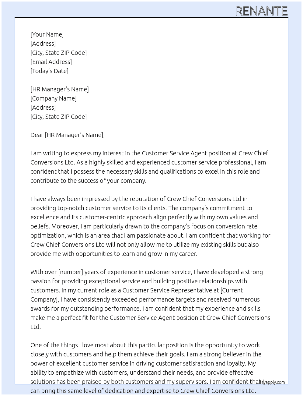 Customer Service Agenta At Crew Chief Conversions Ltd Cover Letter