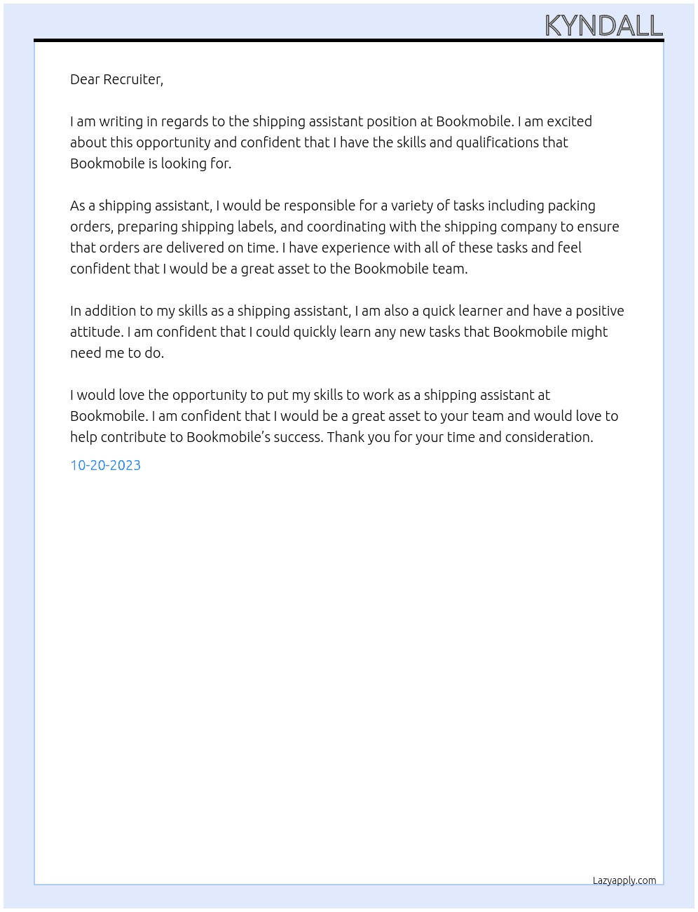 Shipping assistant At Bookmobile Cover Letter