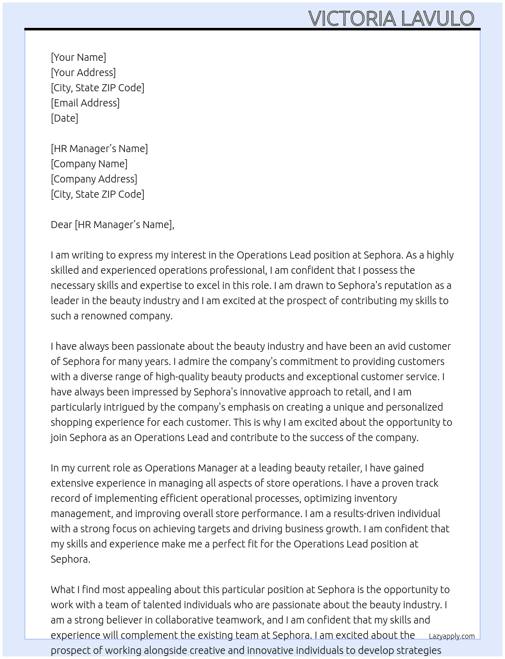 Operations Lead At Sephora  Cover Letter