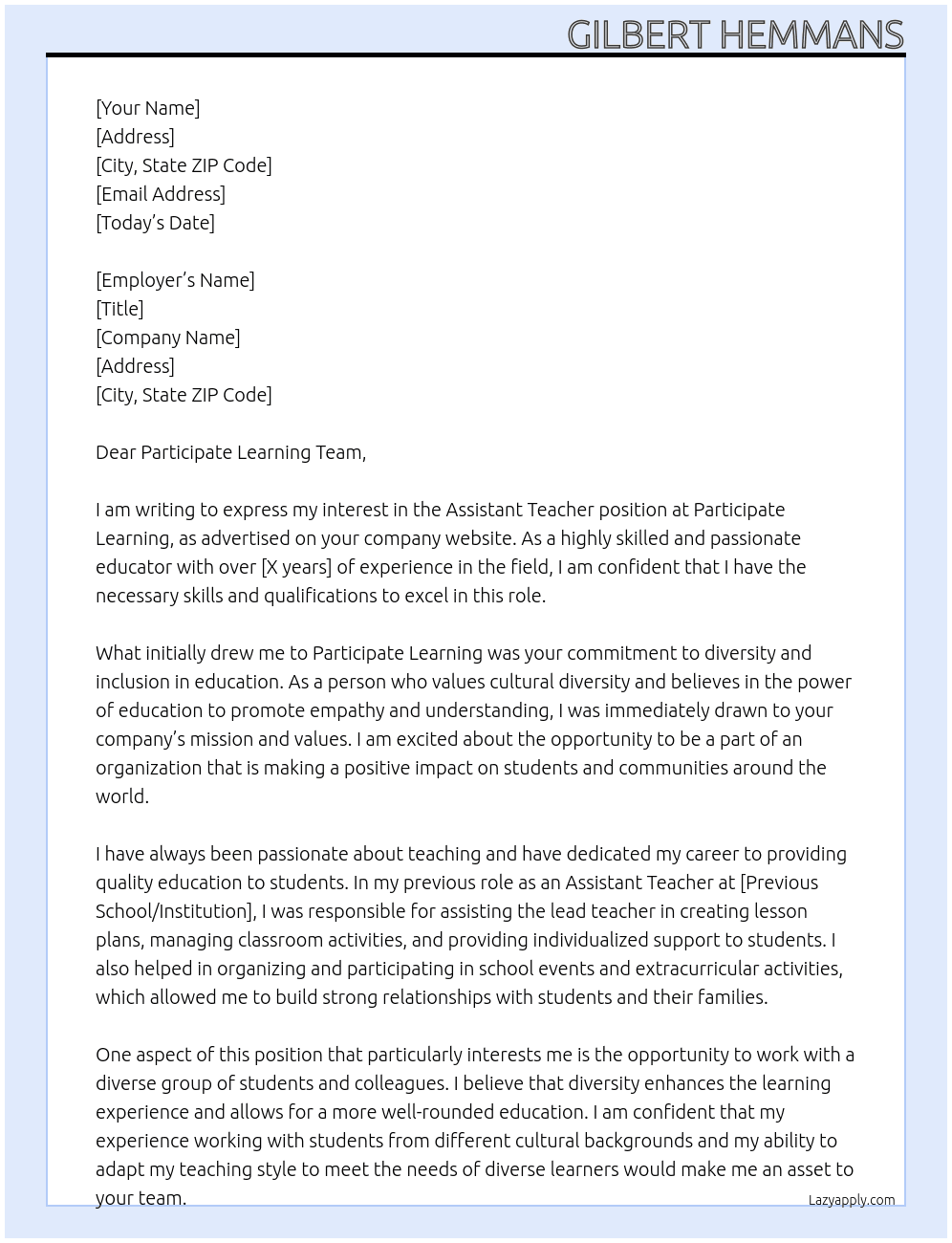 Assistant Teacher At Participate Learning Cover Letter
