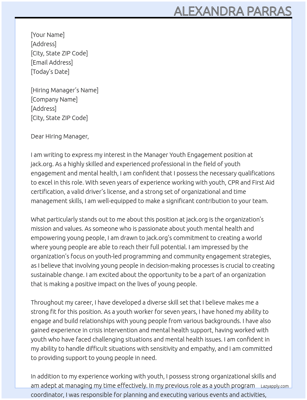 Manager Youth Engagement At jack.org Cover Letter