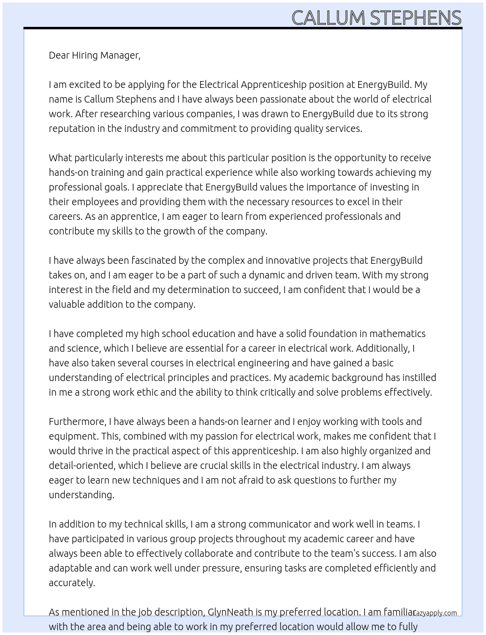 Electrical Apprenticeship At EnergyBuild Cover Letter
