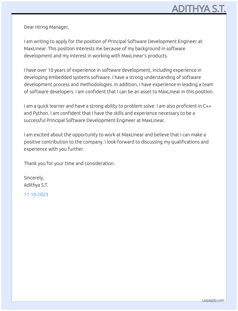 Principal Software Development Engineer At MaxLinear Cover Letter