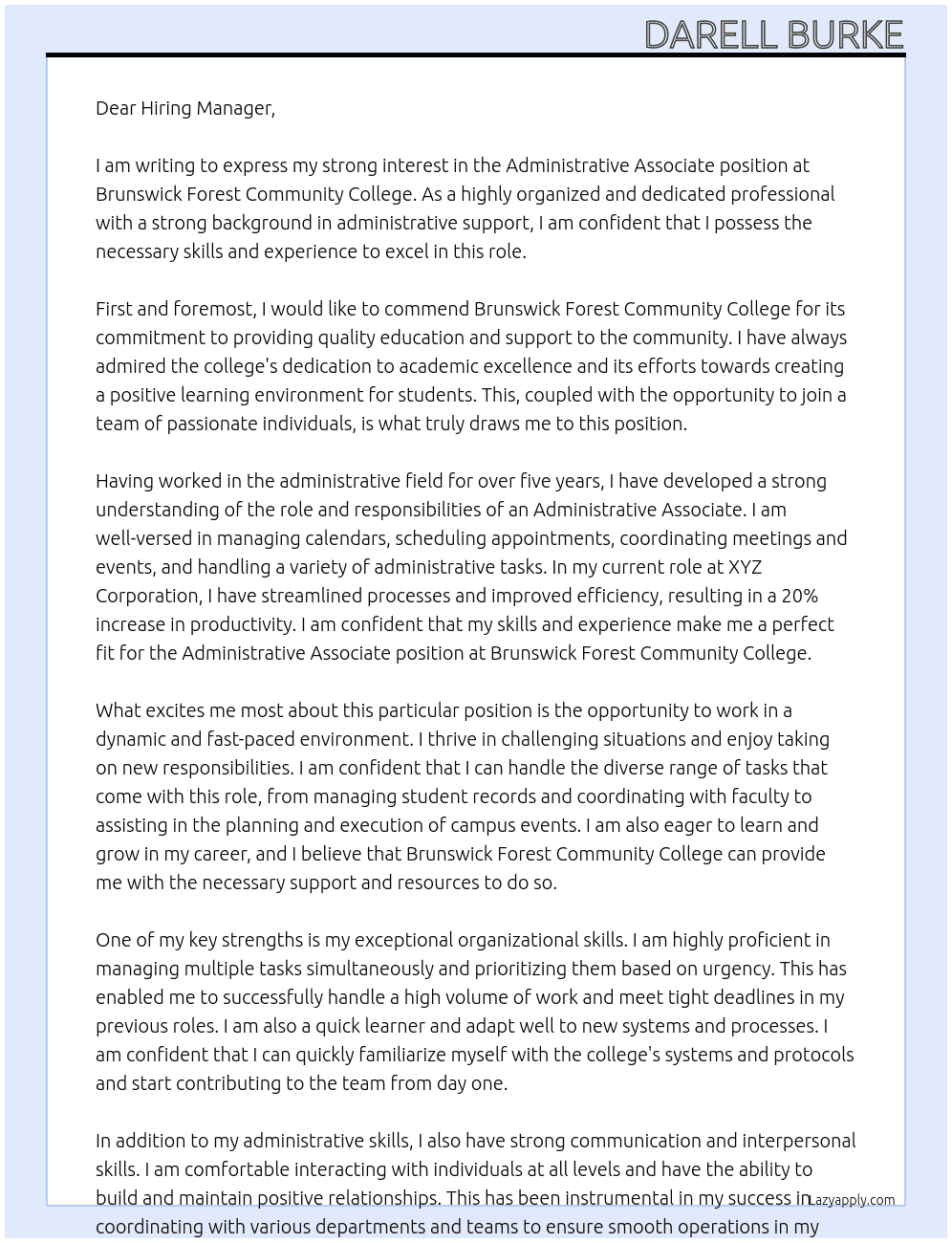 Administrative Associate At Brunswick Forest Community College Cover Letter