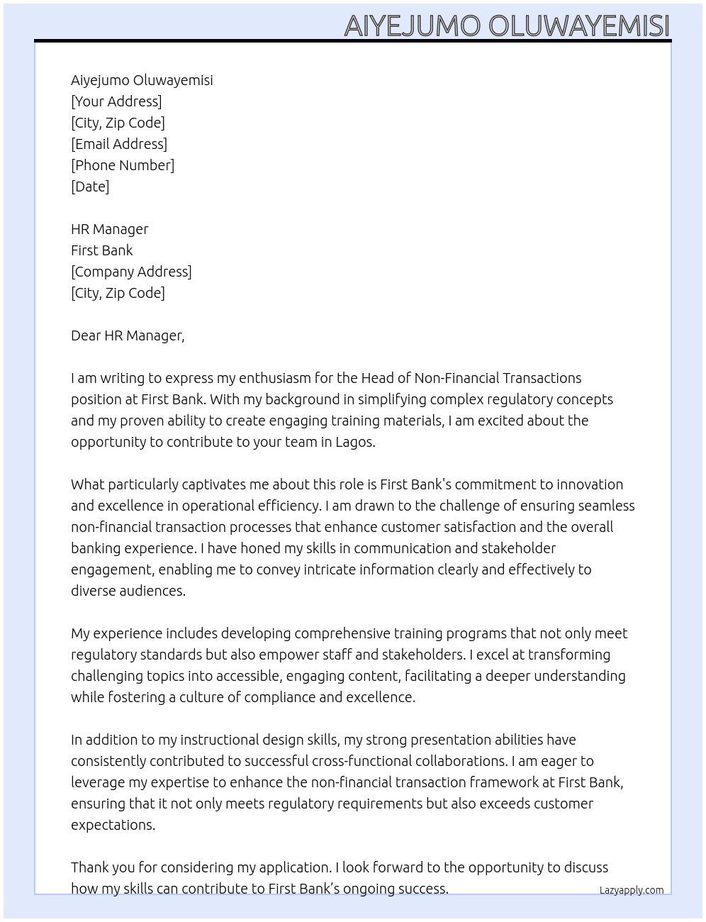Head Non financial transaction At First bank  Cover Letter