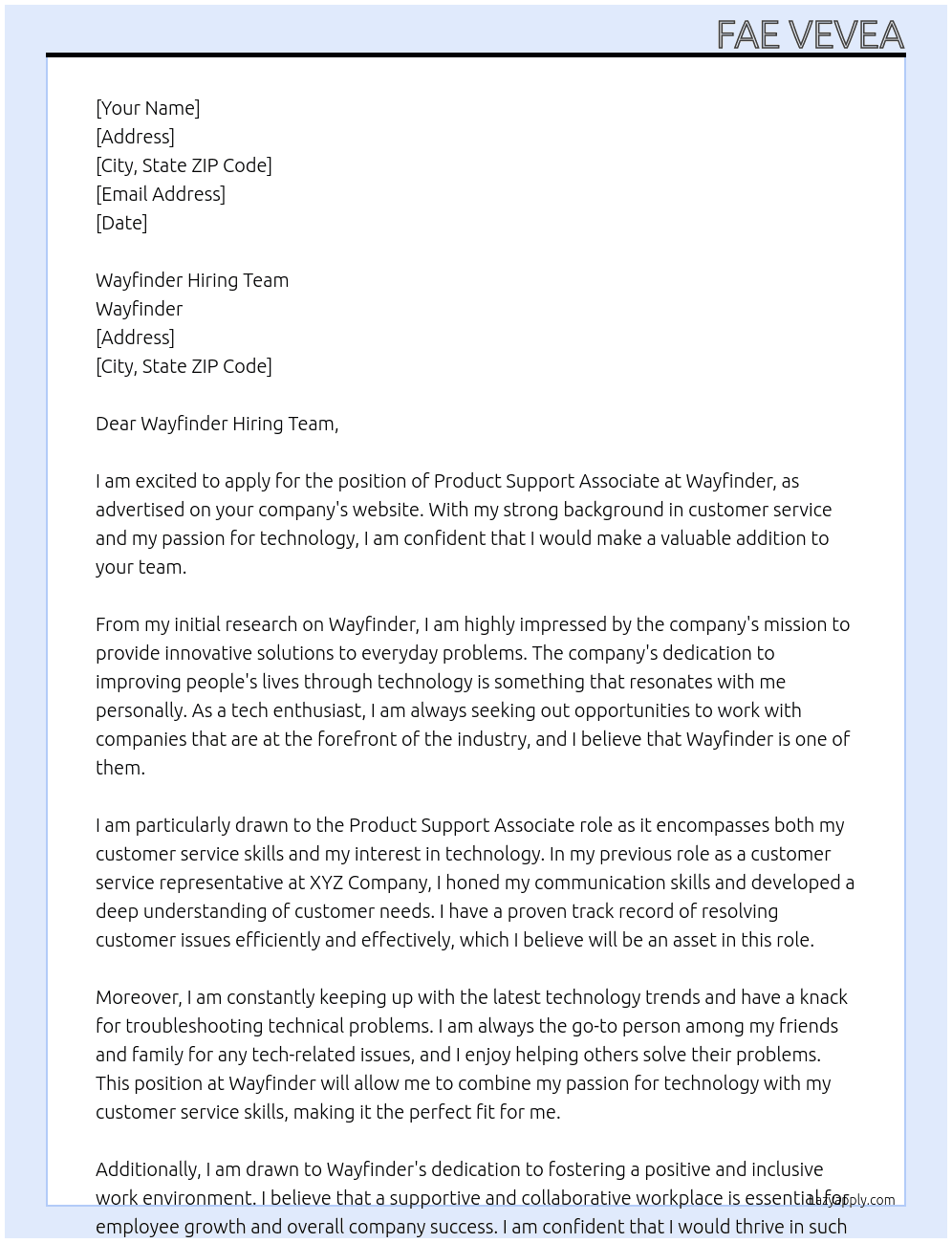 Product Support Associate  At Wayfinder Cover Letter