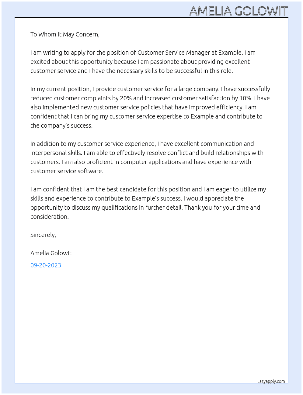 Customer Service Manager At example Cover Letter