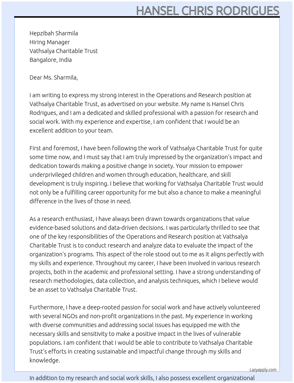 Operations and Research At Vathsalya Charitable Trust Cover Letter