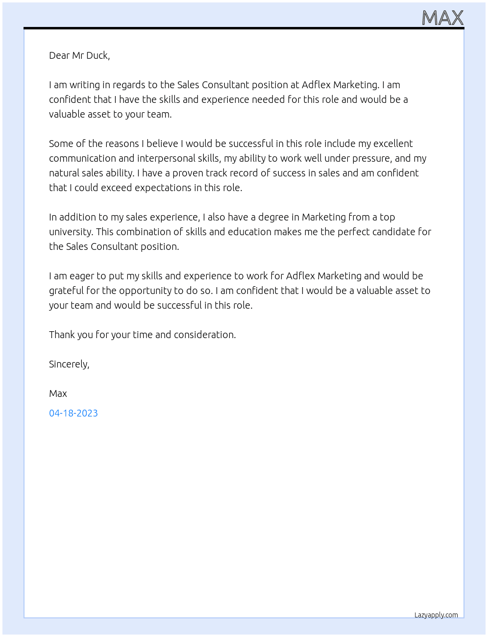 Sales Consultant At Adflex Marketing Cover Letter