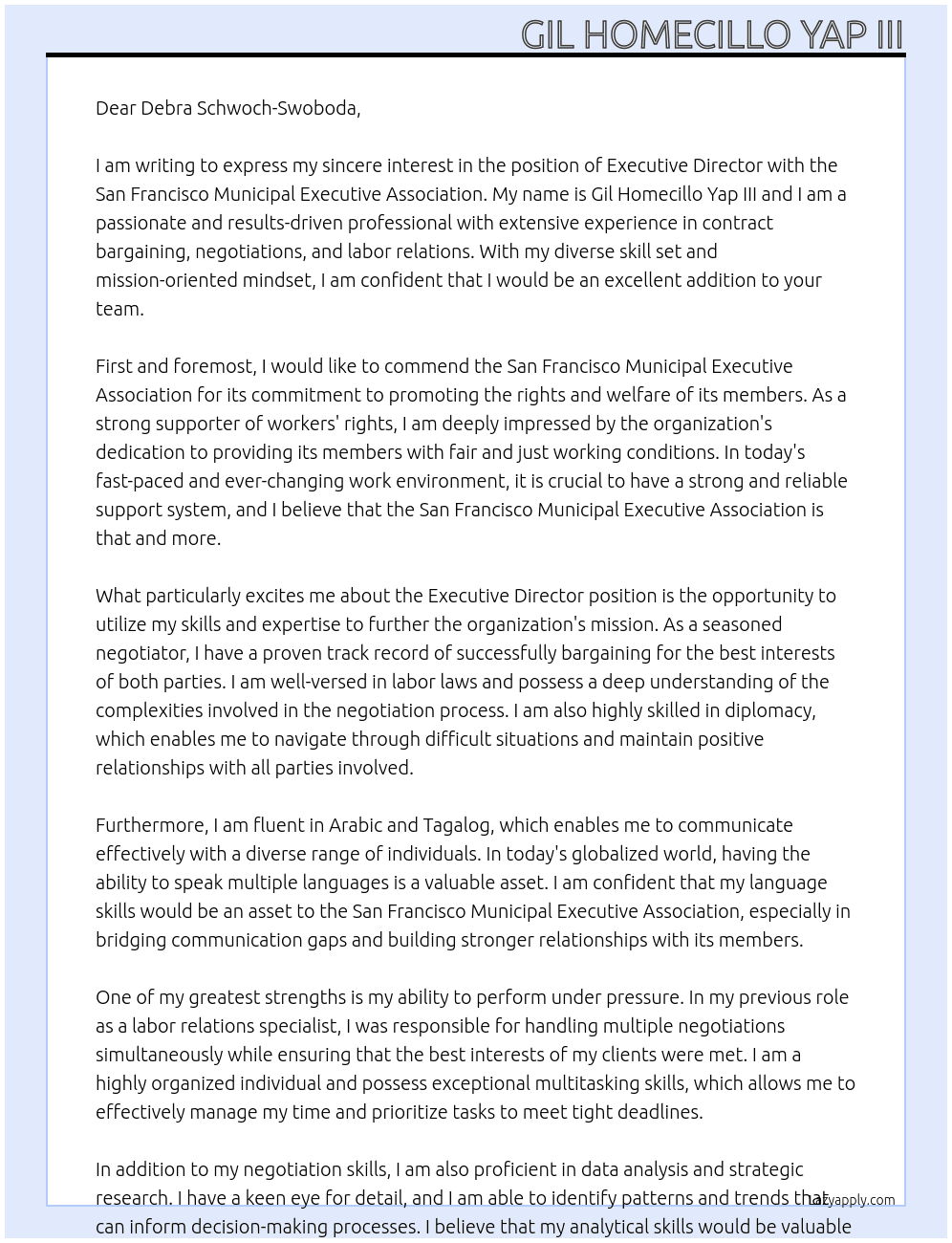 Executive Director At San Francisco Municipal Executive Association Cover Letter