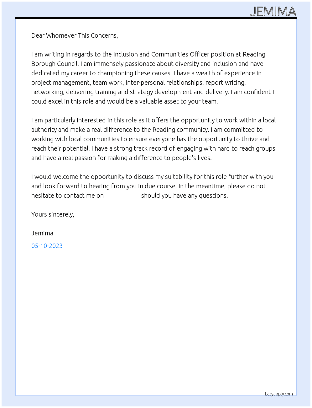 Inclusion and Communitites Officer At Reading borough Council Cover Letter