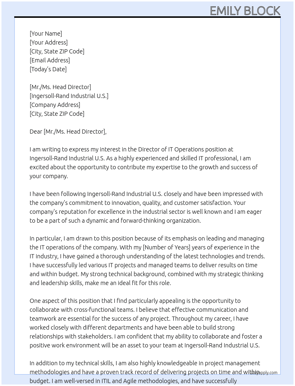 Director, IT Operations At Ingersoll-Rand Industrial U.S. Cover Letter
