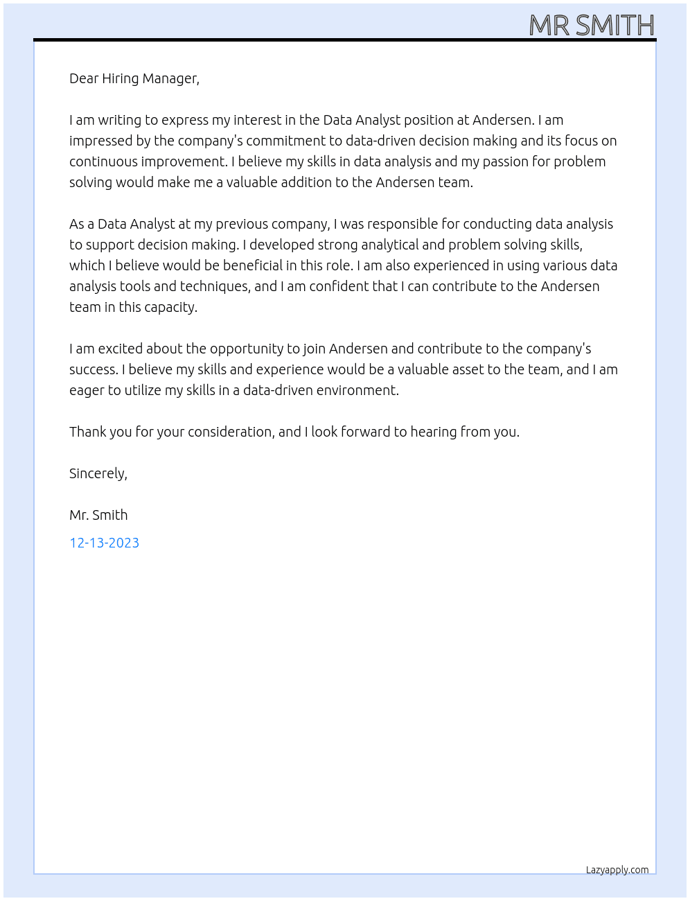 Data Analyst At Andersen Cover Letter