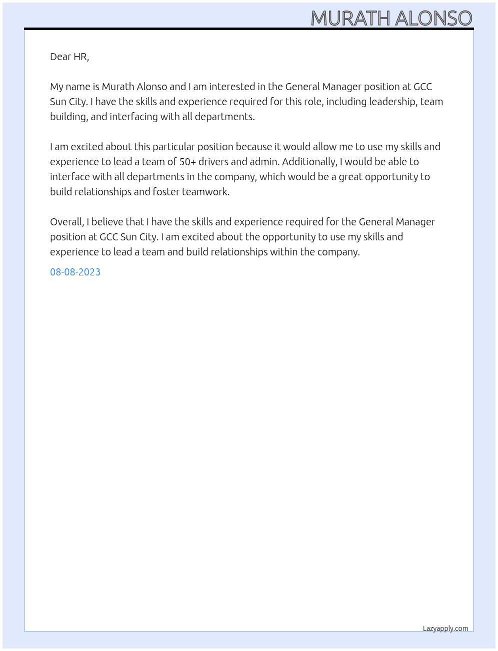 General Manager At GCC Sun City Cover Letter