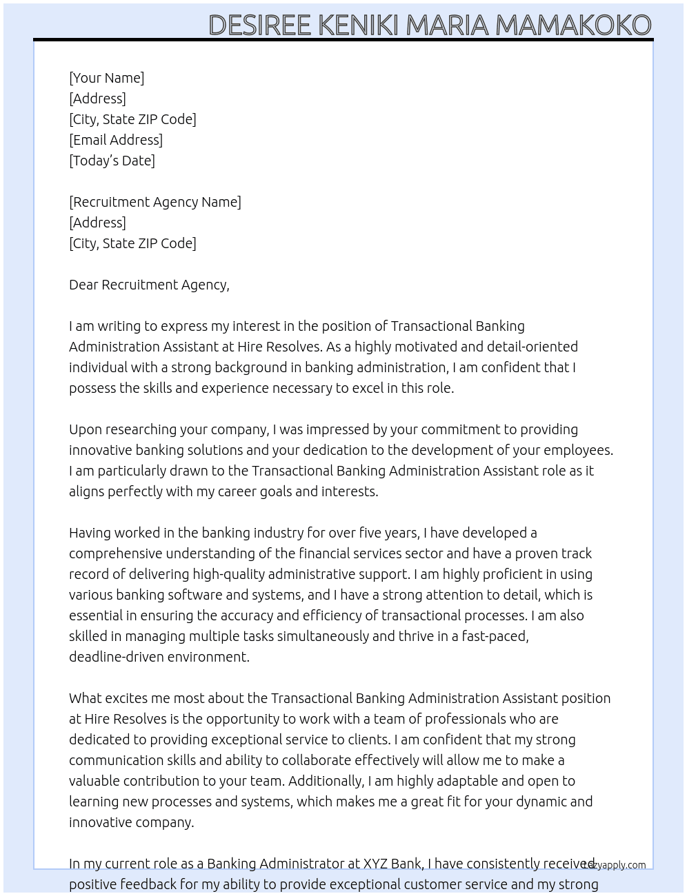 Transactional Banking Administration Assistant At Hire Resolves Cover Letter