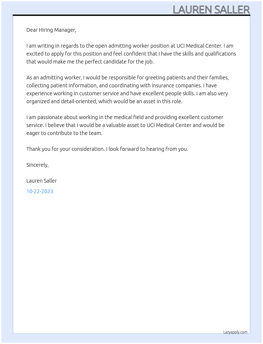 Admitting Worker At UCI Medical Center Cover Letter