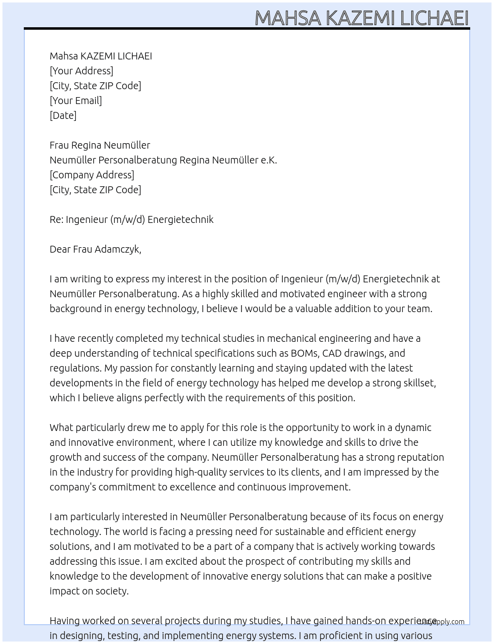 Ingenieur (m/w/d) Energietechnik At Neumüller Personalberatung Regina Neumüller e.K. Cover Letter