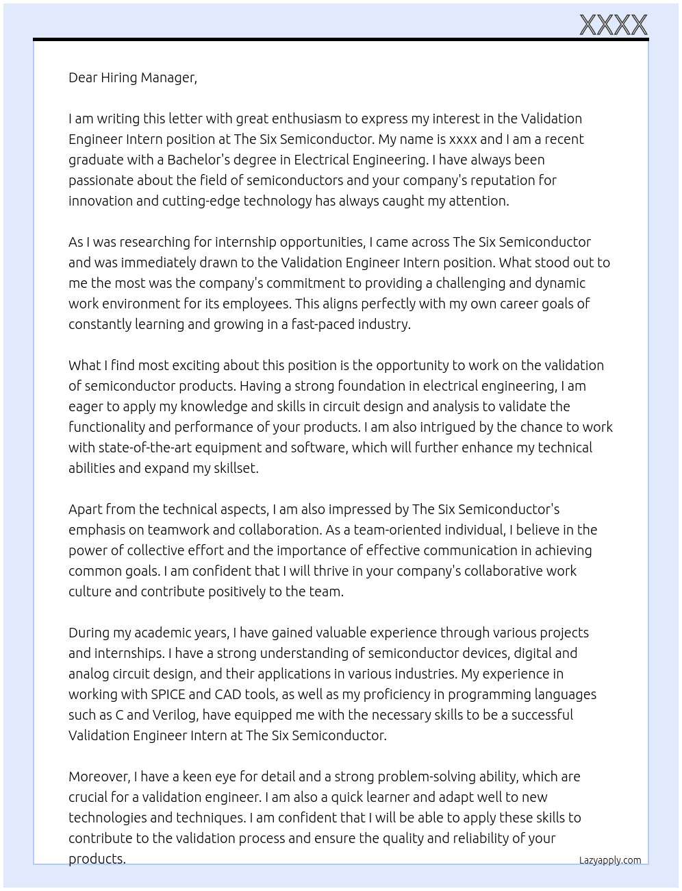 VALIDATION ENGINEER INTERN At The Six Semiconductor Cover Letter