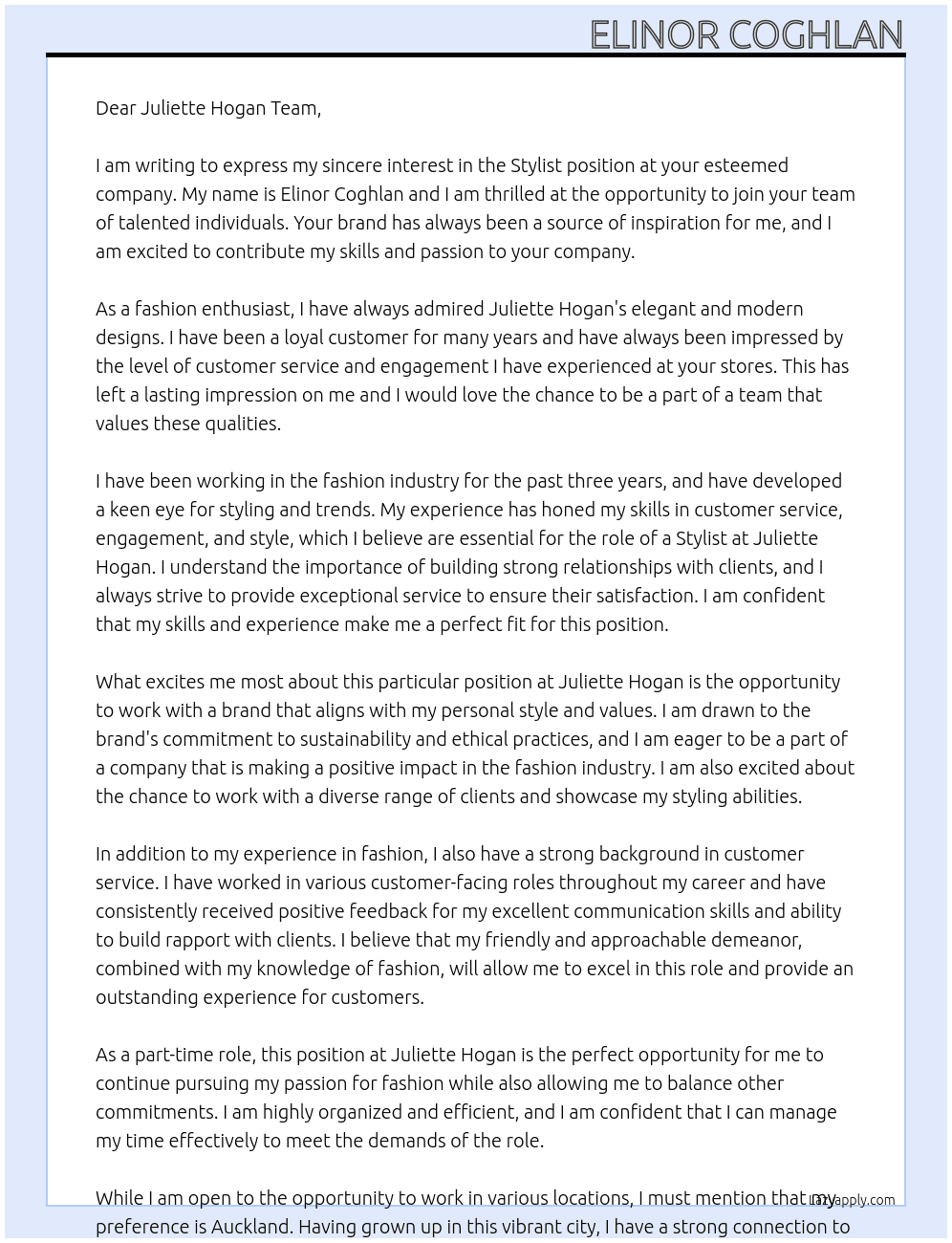 Stylist  At Juliette Hogan Cover Letter