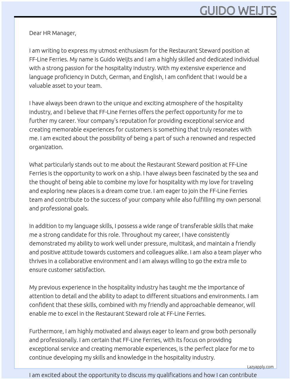 Restaurant Steward At FF-Line Ferries Cover Letter