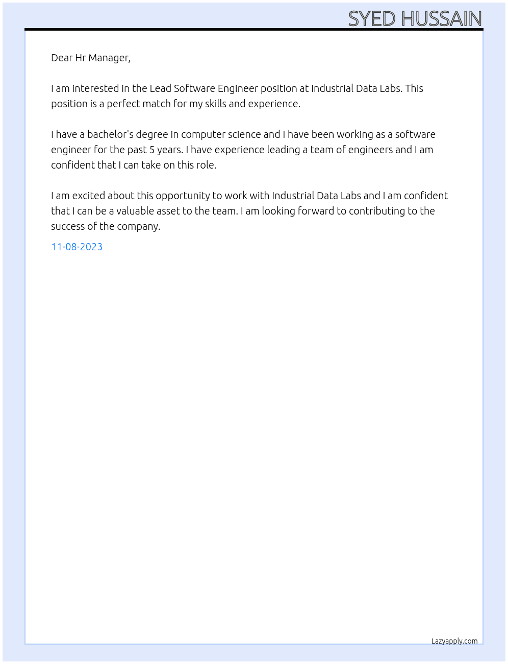 Lead Software Engineer At Industrial Data Labs Cover Letter