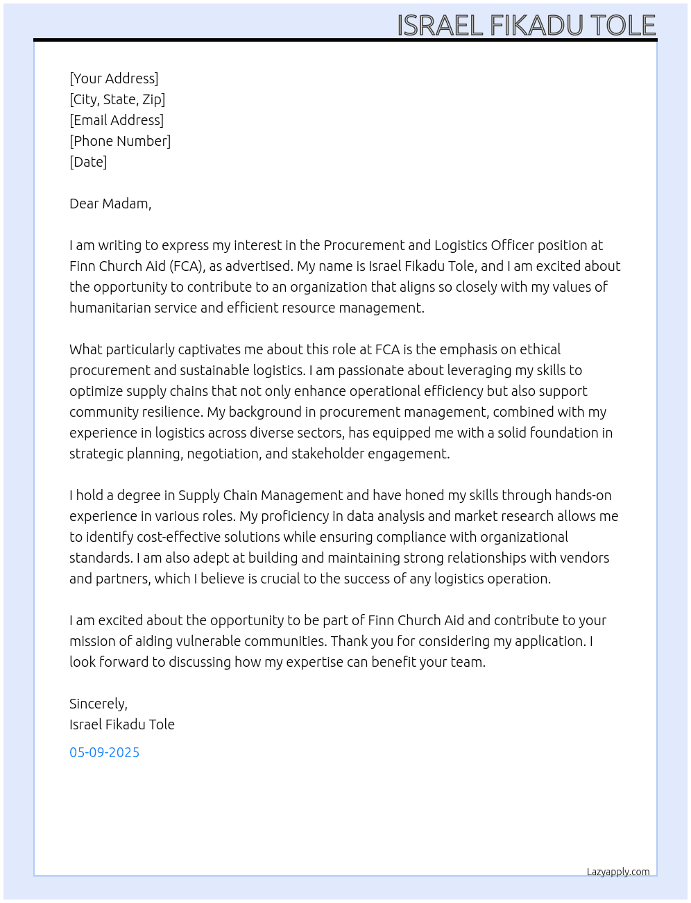 Procurement and Logistics Officer At Finn Church Aid (FCA) Cover Letter