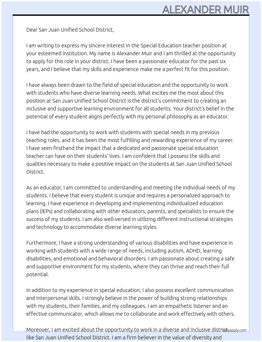 Special Education teacher At San Juan Unified School District Cover Letter