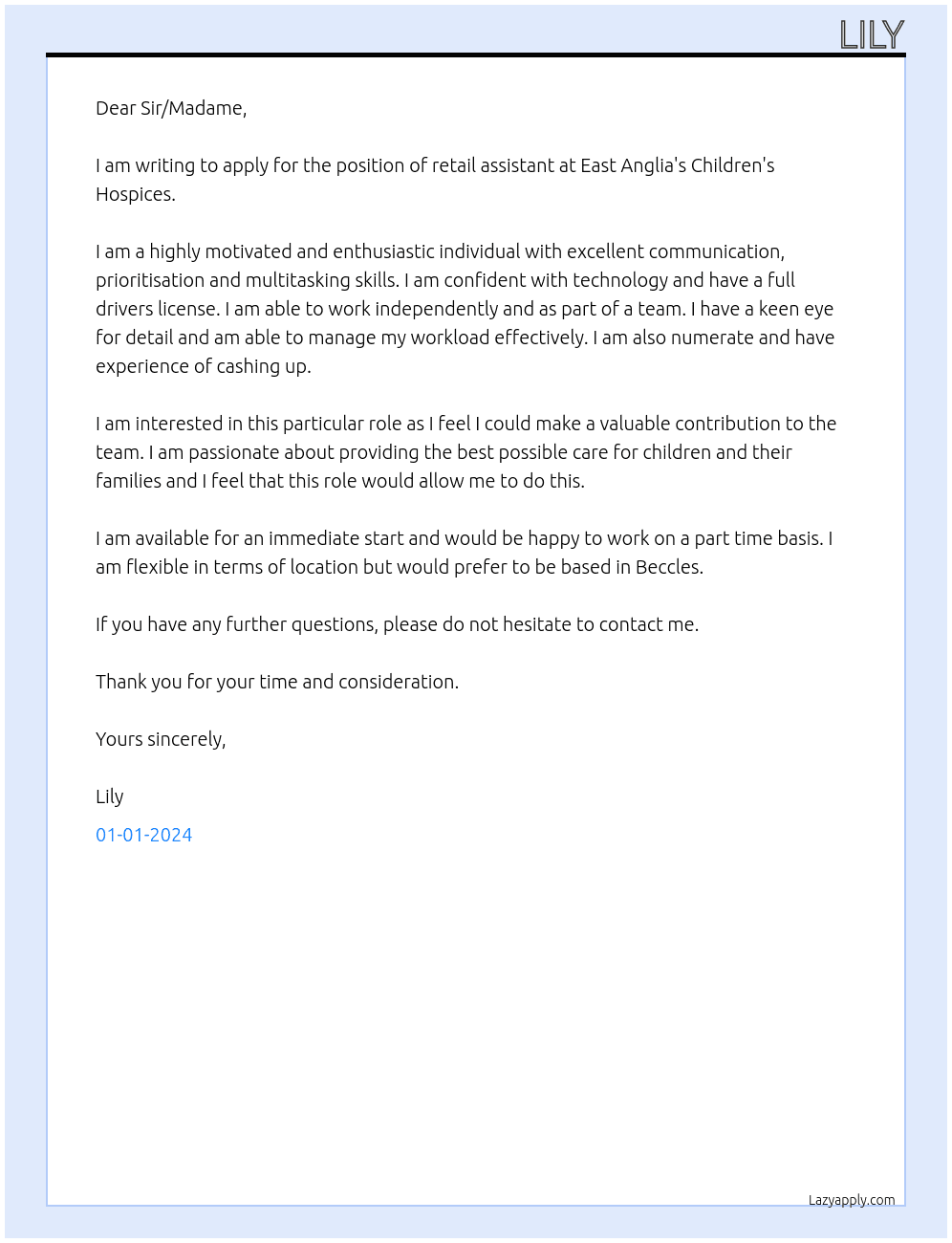 retail assistant At East Anglia's Children's Hospices Cover Letter