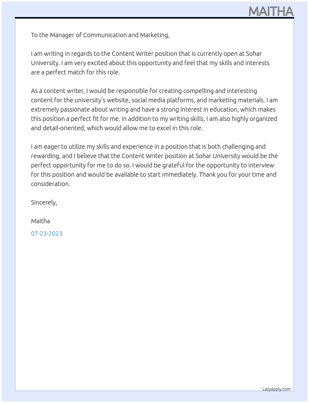 Content Writer At Sohar University Cover Letter