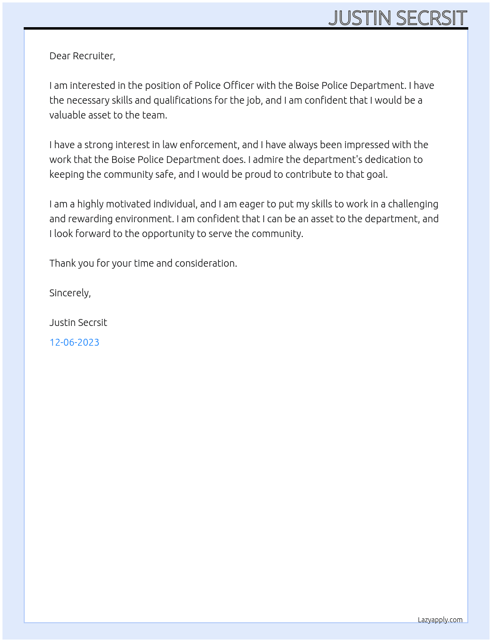Police Officer At Boise Police Department Cover Letter