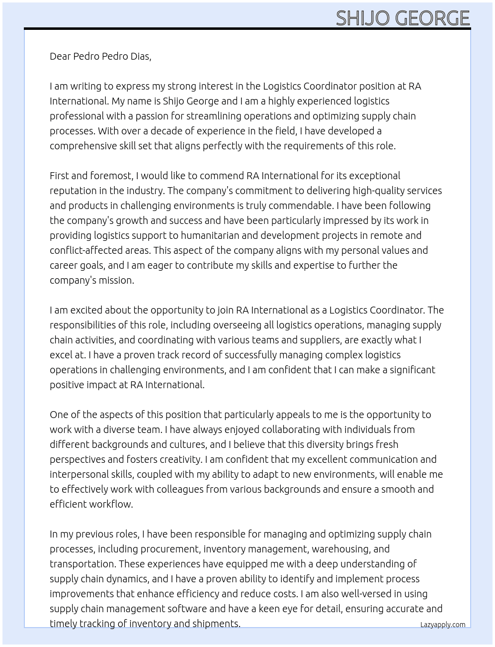Logistics Coordinator At RA International Cover Letter