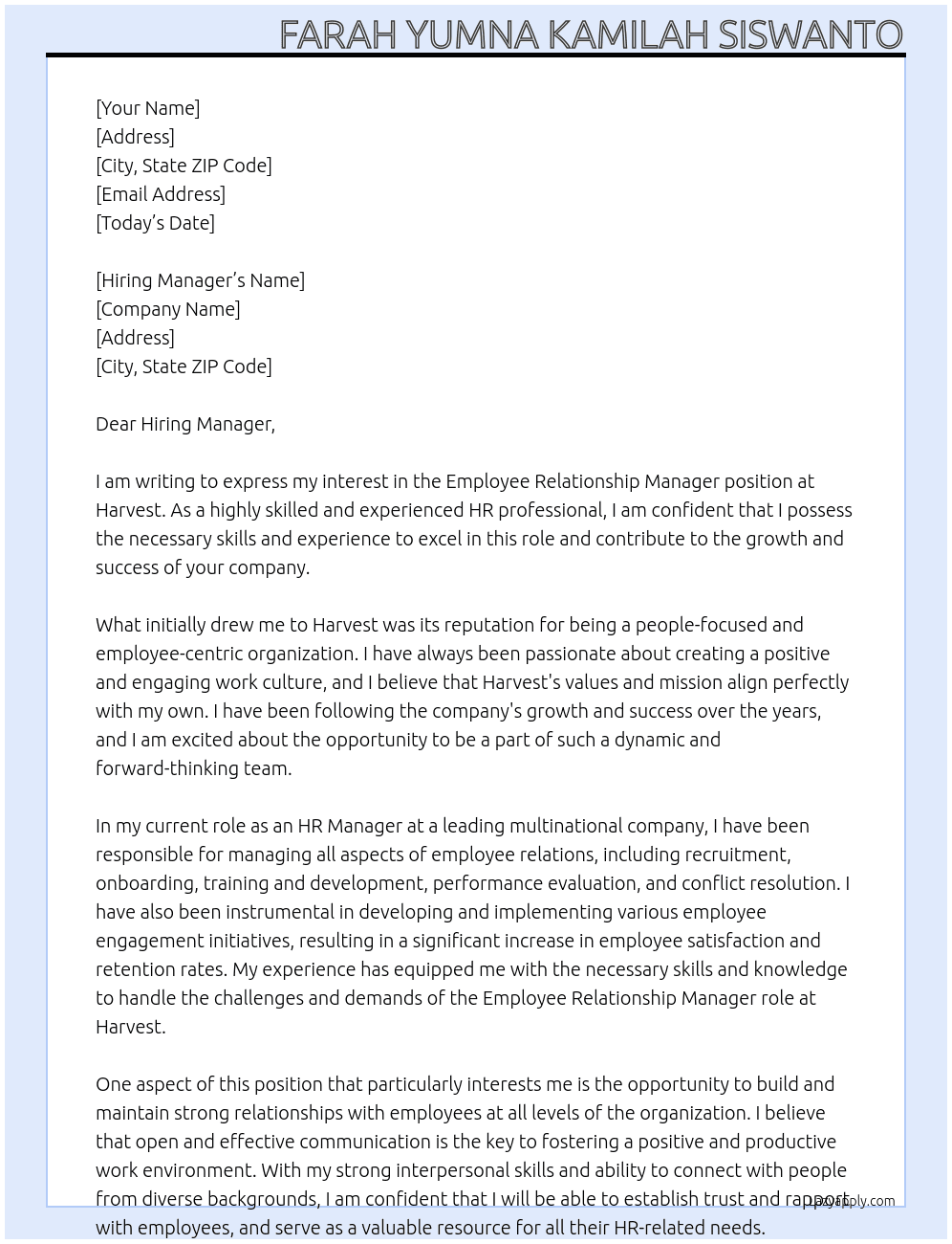 Employee Relatioship Manager At Harvest Cover Letter
