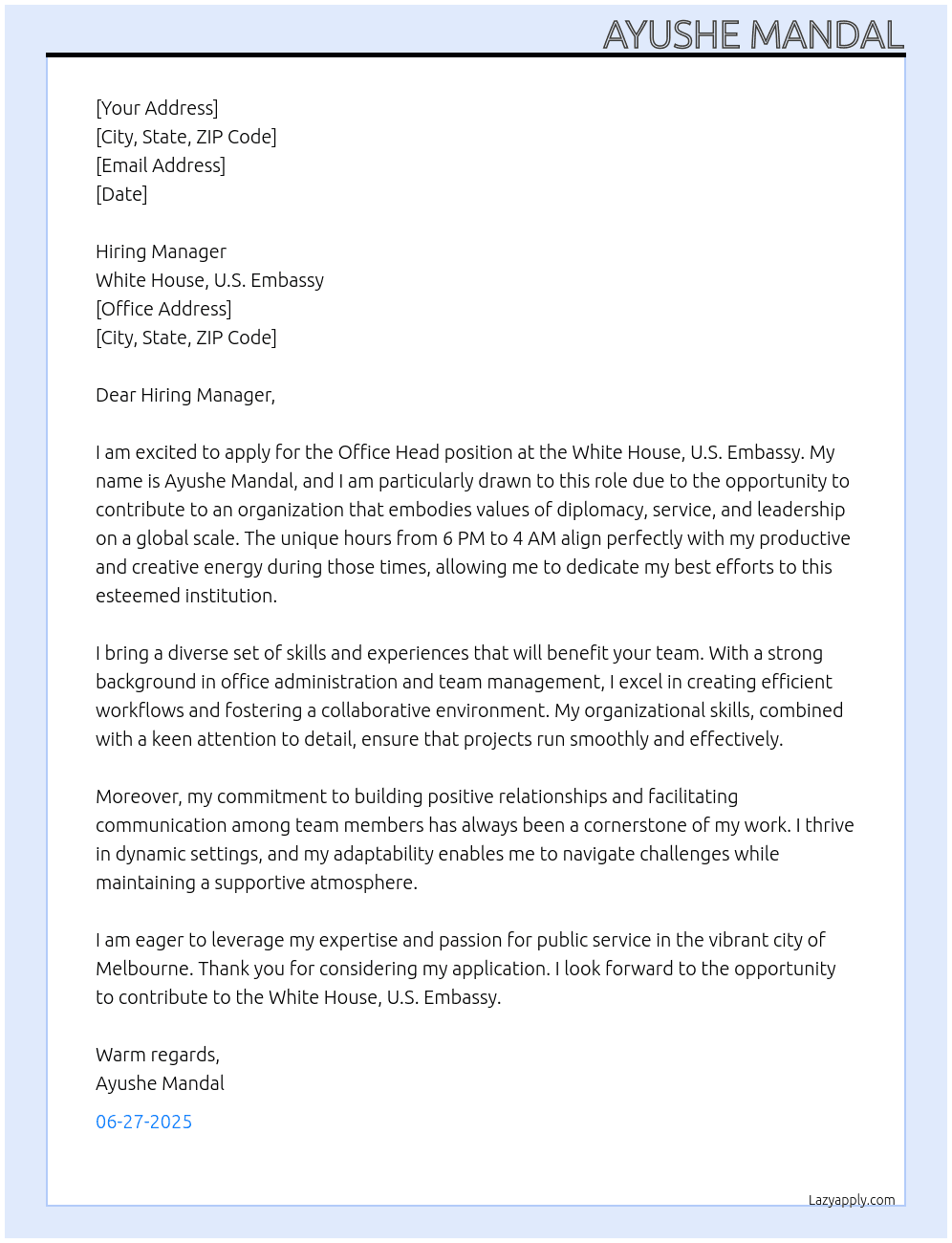 Cover letter for office head - LazyApply