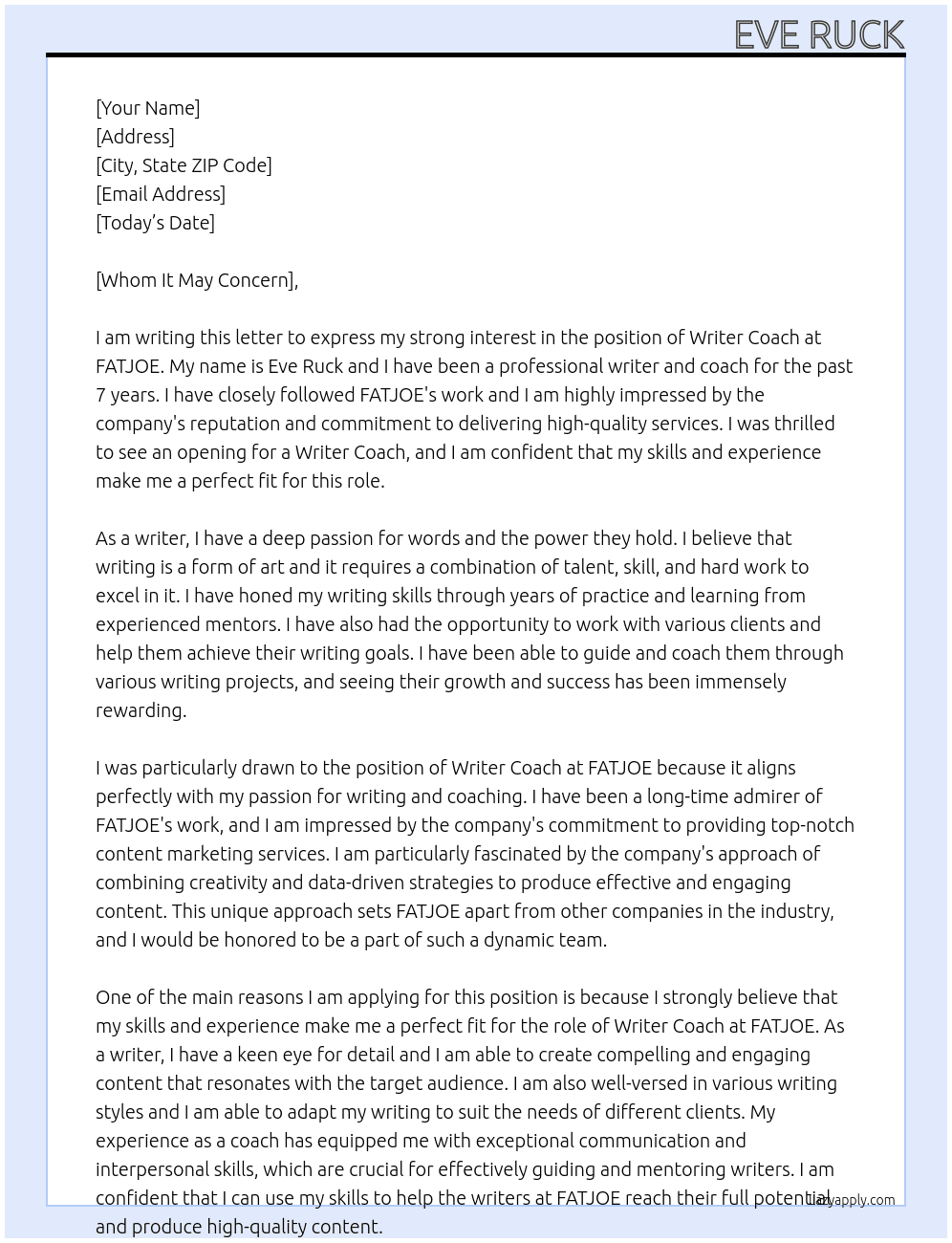 Cover letter for writer coach - LazyApply