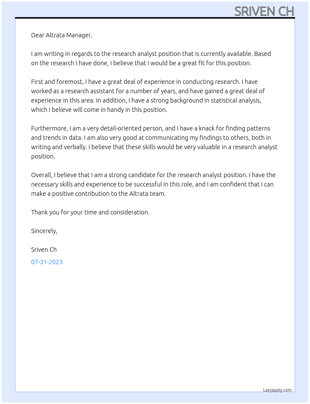 Research analyst At Altrata Cover Letter