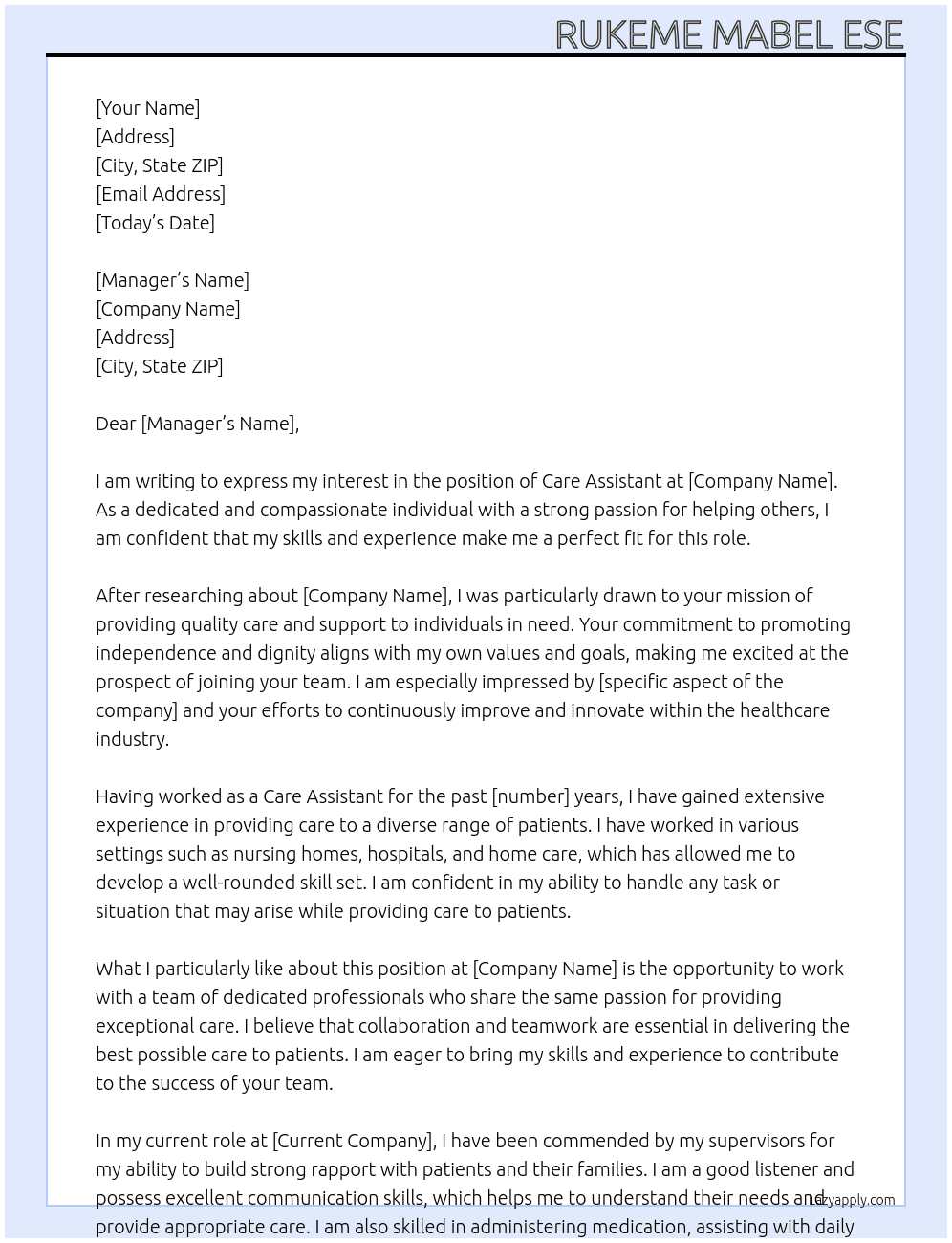 care assistant At devonshire Cover Letter