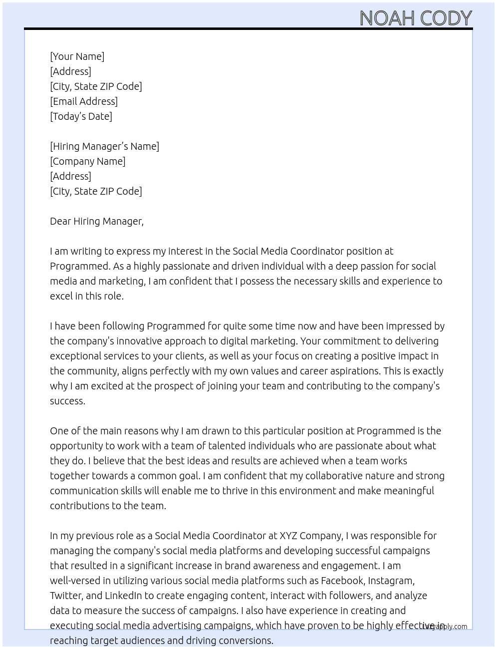 Social Media Coordinator At Programmed Cover Letter