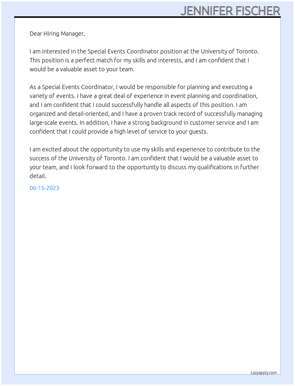 Special Events Coordinator At University of Toronto Cover Letter